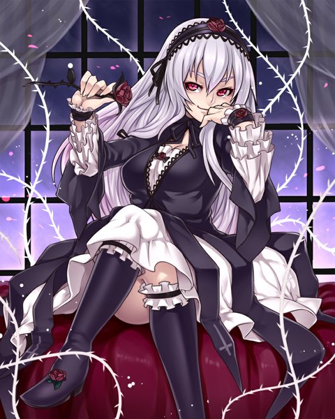 Anime picture 800x1000 with rozen maiden suigintou houtengeki single long hair tall image looking at viewer blush smile red eyes sitting holding cleavage silver hair crossed legs lolita fashion goth-loli girl dress flower (flowers)