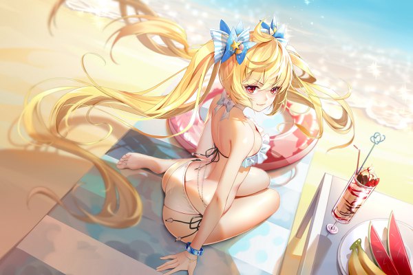Anime picture 2400x1600 with diva destiny catcan single long hair looking at viewer blush fringe highres light erotic blonde hair smile hair between eyes red eyes sitting twintails full body outdoors ass looking back barefoot