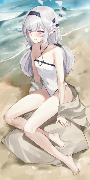Anime picture 1101x2211 with blue archive himari (blue archive) alraco single long hair tall image looking at viewer fringe light erotic sitting purple eyes full body outdoors blunt bangs barefoot hair flower from above pointy ears grey hair mole