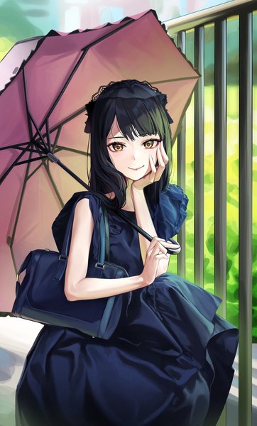 Anime picture 1206x2000 with original refla single long hair tall image looking at viewer fringe black hair smile holding yellow eyes outdoors blunt bangs sleeveless squat hand on face girl dress black dress umbrella
