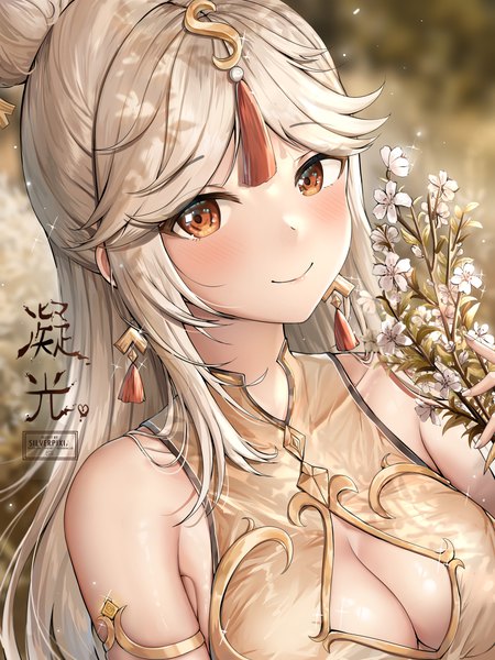 Anime-Bild 1125x1500 mit genshin impact ningguang (genshin impact) silverpixia single long hair tall image looking at viewer blush breasts light erotic smile large breasts bare shoulders holding brown eyes signed payot upper body white hair traditional clothes