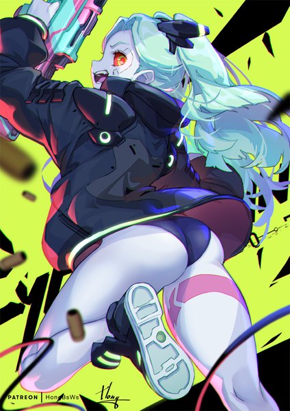 Anime-Bild 707x1000 mit cyberpunk edgerunners studio trigger rebecca (cyberpunk) hong (white spider) single long hair tall image looking at viewer open mouth light erotic red eyes twintails ass :d looking back from behind aqua hair green background grey skin girl