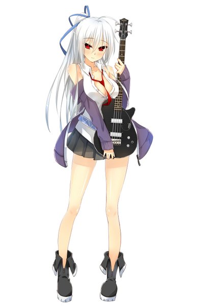 Anime picture 1240x1754 with original uke (artist) single long hair tall image looking at viewer blush light erotic red eyes white background bare shoulders cleavage white hair open clothes open shirt legs girl ribbon (ribbons) hair ribbon miniskirt