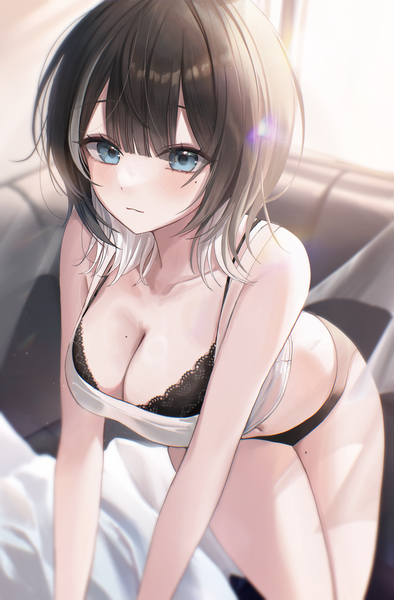 Anime picture 2165x3295 with original myowa single tall image blush fringe highres short hair breasts blue eyes light erotic black hair large breasts standing looking away cleavage indoors blunt bangs multicolored hair mole