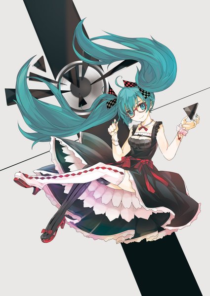 Anime picture 1300x1835 with vocaloid hatsune miku yumeko (tokiti) single long hair tall image smile twintails aqua eyes aqua hair legs girl dress bow hair bow glasses thigh boots