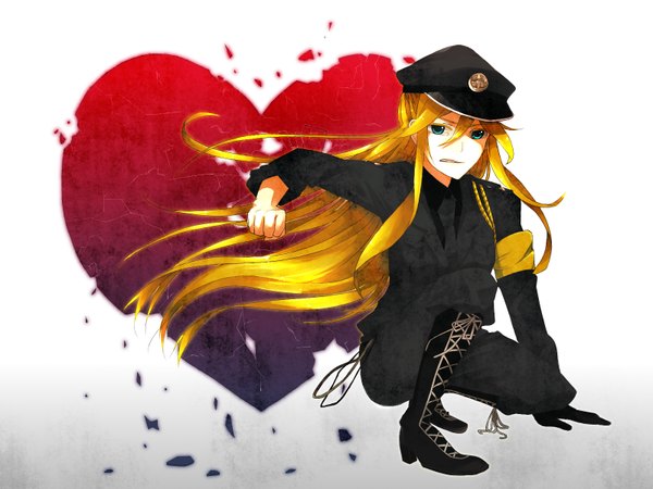 Anime picture 1600x1200 with vocaloid lily (vocaloid) hana3543 (artist) long hair blonde hair green eyes angry destruction girl uniform hat necktie boots heart suit cap fist