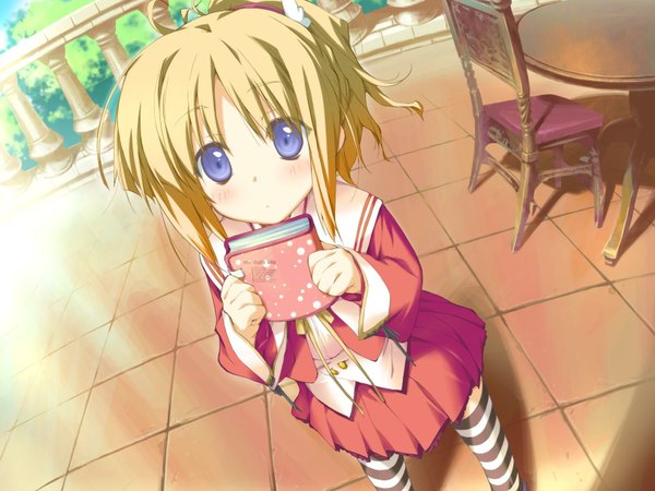 Anime picture 1600x1200 with happy margaret minahase karin kokonoka blush short hair blue eyes blonde hair game cg loli girl thighhighs striped thighhighs