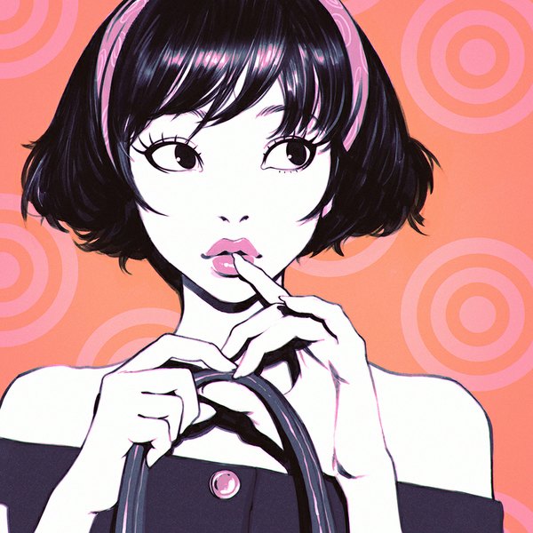 Anime picture 900x900 with original ilya kuvshinov single fringe short hair black hair bare shoulders looking away fingernails lips black eyes lipstick finger to mouth portrait polka dot pink lipstick makeup white skin bob cut girl