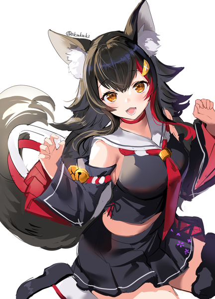 Anime picture 1000x1390 with virtual youtuber hololive ookami mio ookami mio (1st costume) akamoku single long hair tall image looking at viewer blush fringe open mouth black hair hair between eyes sitting signed animal ears tail :d animal tail