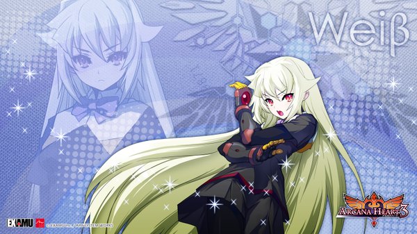 Anime picture 1600x900 with arcana heart arcana heart 3 weiss single long hair looking at viewer open mouth blonde hair red eyes wide image very long hair inscription zoom layer girl bowtie