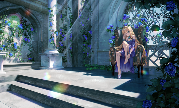 Anime picture 2874x1731 with original nay single blush highres blue eyes blonde hair wide image sitting cleavage full body very long hair one eye closed pointy ears sunlight lens flare sunbeam architecture single shoe girl