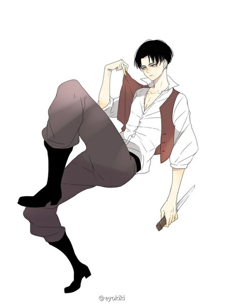 Anime picture 600x812 with shingeki no kyojin production i.g levi (rivaille) eyokiki single tall image short hair black hair simple background white background signed looking away full body bent knee (knees) alternate costume partially open clothes boy weapon shirt white shirt