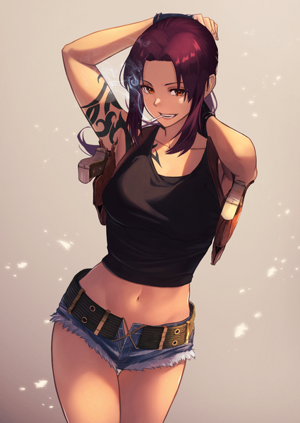 Anime picture 1755x2477 with black lagoon madhouse revy (black lagoon) hara kenshi single long hair tall image looking at viewer fringe highres breasts open mouth simple background smile standing brown eyes payot purple hair ponytail arms up