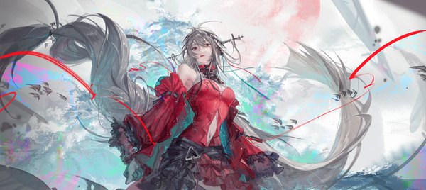 Anime picture 3720x1659 with arknights skadi (arknights) skadi the corrupting heart (arknights) kurii89800727 single fringe highres hair between eyes red eyes wide image bare shoulders silver hair very long hair bare belly from below official alternate costume no hat girl dress hair ornament