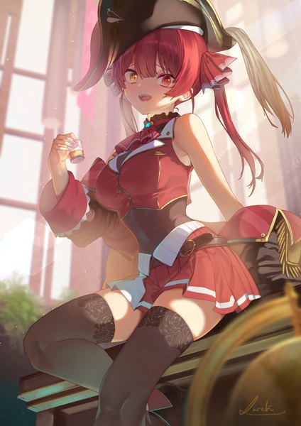 Anime picture 1202x1700 with virtual youtuber hololive houshou marine houshou marine (1st costume) saraki single long hair tall image looking at viewer open mouth smile red eyes sitting twintails holding yellow eyes red hair indoors :d zettai ryouiki