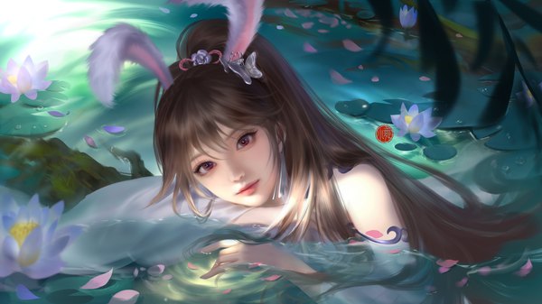 Anime picture 5906x3322 with douluo continent douluo dalu xiao wu a er xd single long hair looking at viewer highres brown hair wide image purple eyes animal ears absurdres ponytail realistic bunny ears character names partially submerged girl hair ornament