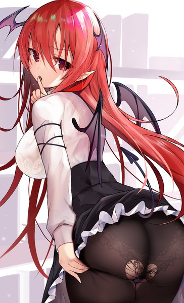 Anime picture 1000x1650 with touhou koakuma efe single long hair tall image looking at viewer blush fringe breasts light erotic hair between eyes red eyes large breasts red hair tail looking back pointy ears leaning leaning forward