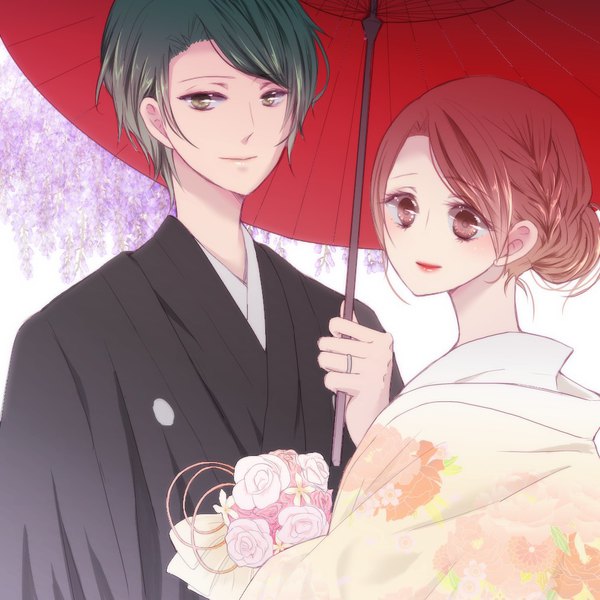 Anime picture 1000x1000 with prince of tennis echizen ryoma ryuuzaki sakuno komaki (pixiv1403406) looking at viewer short hair brown hair brown eyes traditional clothes japanese clothes green hair light smile hair bun (hair buns) couple lipstick alternate age older shared umbrella girl boy