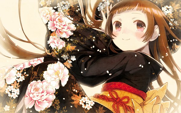 Anime picture 1000x629 with original okari single long hair looking at viewer blush fringe smile brown hair brown eyes lying traditional clothes japanese clothes from above floral print girl petals kimono