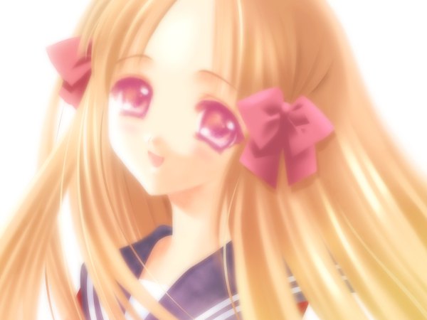 Anime picture 800x600 with yami to boushi to hon no tabibito innocent girl studio deen azuma hatsumi carnelian single long hair looking at viewer fringe simple background blonde hair smile white background head tilt pink eyes blurry portrait cute girl uniform