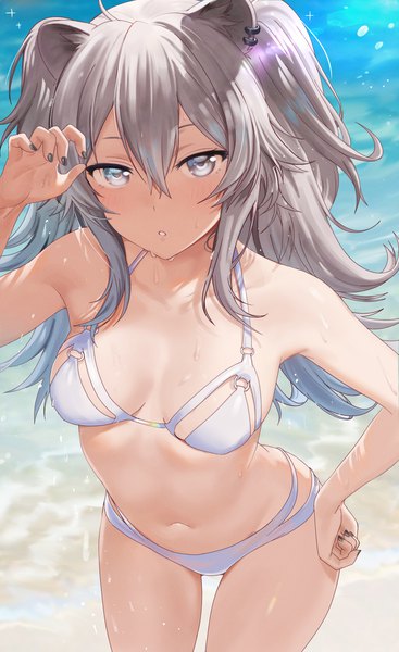 Anime picture 1776x2903 with virtual youtuber hololive shishiro botan seicoh single long hair tall image looking at viewer blush fringe highres breasts light erotic hair between eyes standing animal ears payot silver hair ahoge outdoors