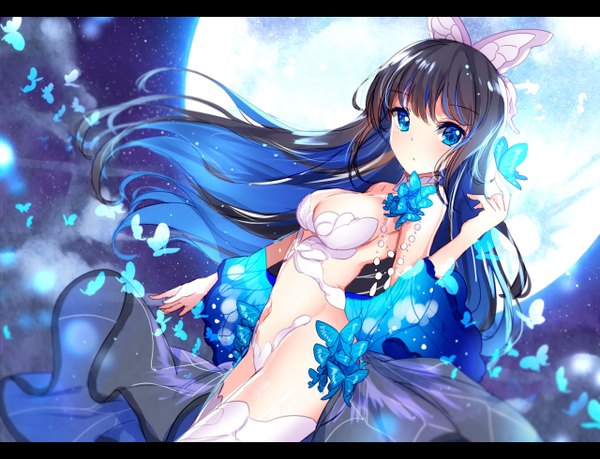 Anime picture 1280x980 with sangai senki nie xiaoqian bison cangshu single long hair looking at viewer blush fringe breasts blue eyes light erotic black hair hair between eyes large breasts standing bare shoulders payot cleavage blurry open clothes