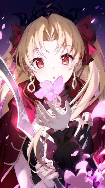 Anime picture 1280x2276 with fate (series) fate/grand order ereshkigal (fate) bison cangshu single long hair tall image fringe open mouth blonde hair red eyes holding looking away upper body nail polish arm up fingernails :o two side up girl