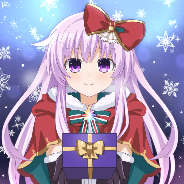 Anime picture 1550x1550 with choujigen game neptune nepgear lewdkuma single long hair looking at viewer fringe smile hair between eyes purple eyes purple hair upper body christmas girl bow hair bow gift snowflake (snowflakes) gift box