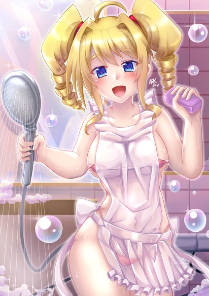 Anime picture 848x1200 with highschool dxd ravel phenex ark (artist) single long hair tall image looking at viewer blush fringe breasts open mouth blue eyes light erotic blonde hair smile large breasts standing twintails bare shoulders holding