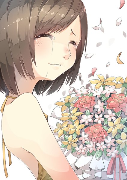 Anime picture 707x1000 with original chitetan single tall image blush short hair brown hair white background bare shoulders eyes closed tears crying girl flower (flowers) petals bouquet