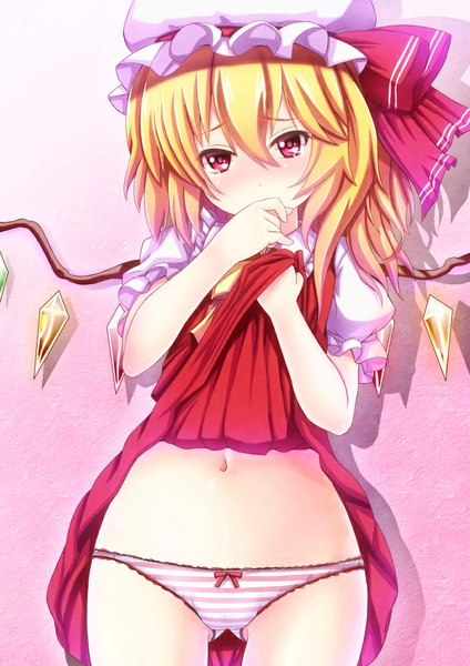 Anime picture 707x1000 with touhou flandre scarlet ebi 193 single tall image looking at viewer short hair light erotic simple background blonde hair standing pink eyes embarrassed skirt lift pink background girl skirt navel underwear panties