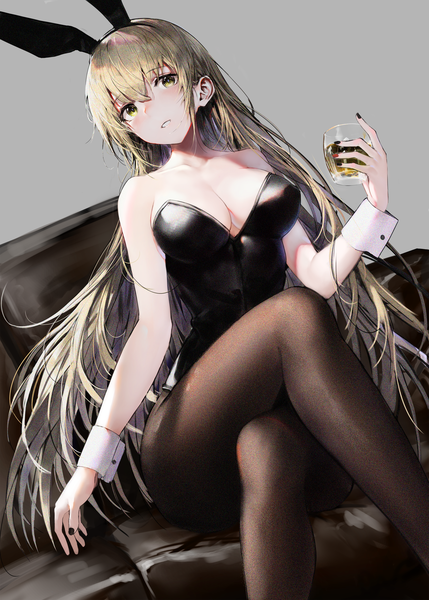 Anime picture 2145x3000 with original iori (cpeilad) single long hair tall image looking at viewer blush fringe highres breasts light erotic simple background blonde hair hair between eyes large breasts sitting bare shoulders holding animal ears yellow eyes