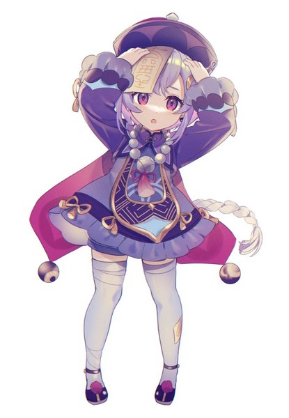 Anime picture 691x1000 with genshin impact qiqi (genshin impact) motot816 single tall image looking at viewer fringe open mouth standing purple eyes silver hair full body braid (braids) long sleeves very long hair wide sleeves :o single braid hands on head jiangshi