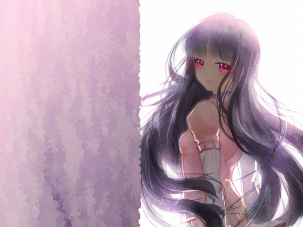 Anime picture 1600x1200 with inu x boku ss david production shirakiin ririchiyo kaminary single long hair looking at viewer fringe white background purple hair very long hair pink eyes light smile from behind purple background girl