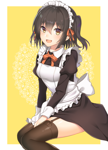 Anime picture 964x1332 with kantai collection sendai light cruiser yuzuttan single tall image looking at viewer blush fringe short hair breasts open mouth black hair simple background smile hair between eyes standing sitting yellow eyes long sleeves :d