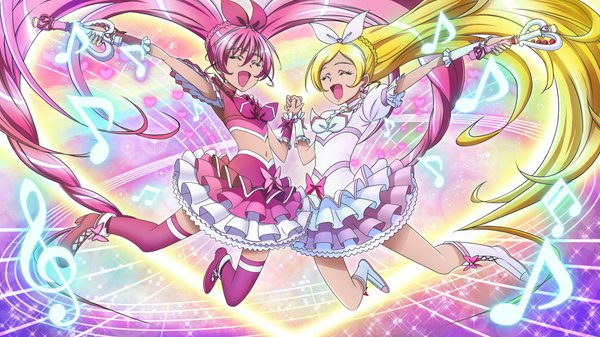 Anime picture 1920x1080 with precure suite precure toei animation houjou hibiki minamino kanade cure melody cure rhythm gensou (mopoepei) long hair highres open mouth blonde hair wide image multiple girls pink hair full body eyes closed music girl thighhighs