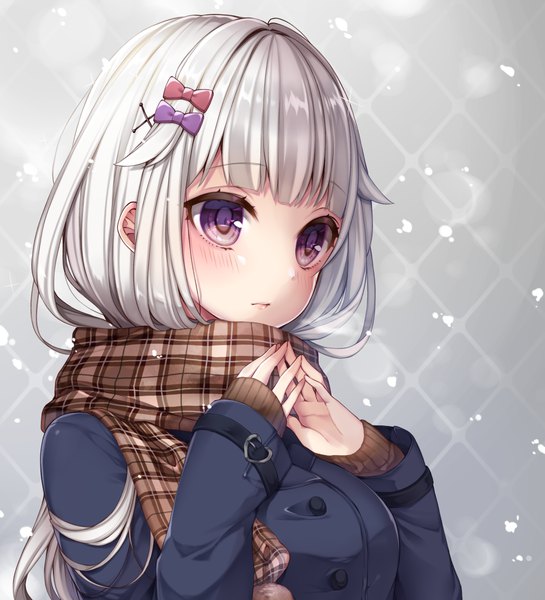 Anime picture 1090x1200 with original ripu (sherypton) single long hair tall image blush fringe purple eyes looking away silver hair blunt bangs snowing hands clasped girl bow jacket scarf