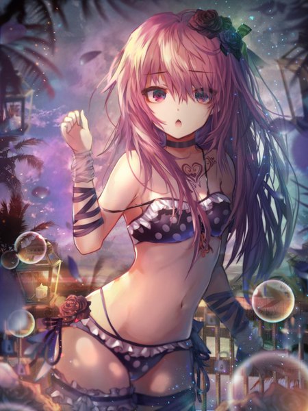 Anime picture 1100x1466 with original cotn7806 single long hair tall image looking at viewer fringe open mouth light erotic hair between eyes standing pink hair cleavage outdoors pink eyes hair flower tattoo strap slip girl navel