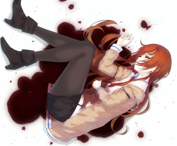 Anime picture 1500x1240 with steins;gate white fox makise kurisu la-na single long hair brown hair white background eyes closed open clothes open jacket sleeping girl pantyhose shoes shorts blood