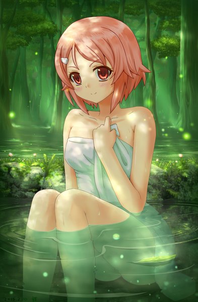Anime picture 2360x3600 with sword art online a-1 pictures lisbeth touniyuu purin single tall image looking at viewer highres short hair light erotic red eyes sitting bare shoulders pink hair naked towel girl plant (plants) tree (trees) water towel