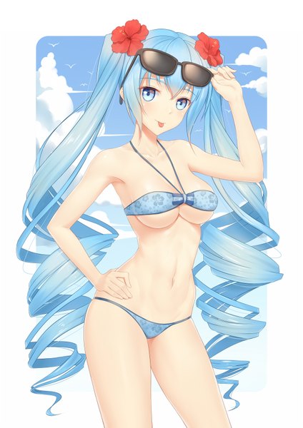 Anime picture 1240x1754 with vocaloid hatsune miku anarchojs single tall image looking at viewer blush fringe breasts light erotic hair between eyes twintails bare shoulders sky cloud (clouds) very long hair hair flower aqua eyes aqua hair hand on hip