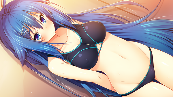 Anime picture 1280x720 with aristear remain astronauts comet furukawa mai rozea (graphmelt) kokusan moyashi long hair looking at viewer blush fringe breasts light erotic hair between eyes wide image large breasts bare shoulders blue hair game cg nipples ahoge bare belly