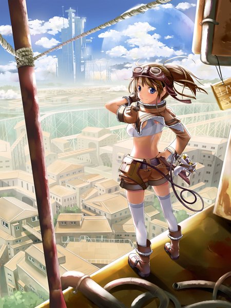 Anime picture 1500x2000 with beek (artist) single tall image blue eyes brown hair looking back hand on hip cityscape girl thighhighs white thighhighs glasses shorts building (buildings) fanny pack