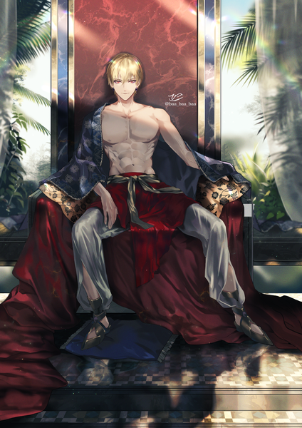 Anime picture 1412x2000 with fate (series) fate/stay night gilgamesh (fate) sakura hitsuji single tall image looking at viewer fringe short hair blonde hair hair between eyes red eyes sitting signed full body indoors traditional clothes light smile shadow twitter username