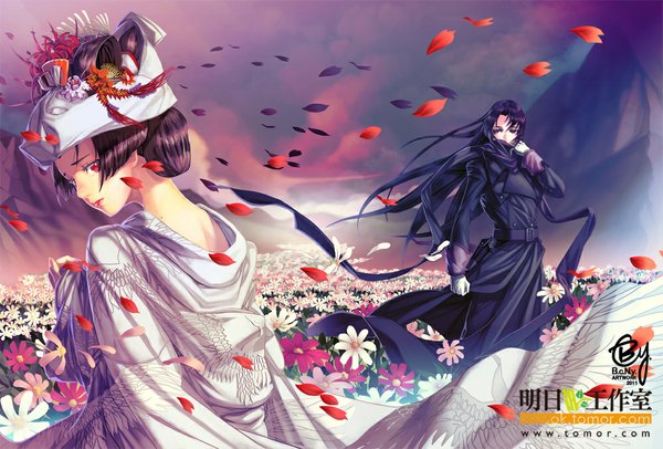 Anime picture 1000x677 with original b.c.n.y. (bcnyart) long hair looking at viewer short hair black hair red eyes purple eyes signed looking away sky cloud (clouds) long sleeves traditional clothes lipstick mountain girl boy gloves hair ornament