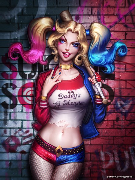 Anime picture 3000x4000 with batman dc comics harley queen ayyasap single long hair tall image looking at viewer highres breasts blue eyes light erotic blonde hair standing twintails signed blue hair pink hair nail polish multicolored hair