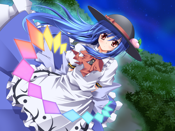 Anime picture 1600x1200 with touhou hinanawi tenshi midoriiro no shinzou long hair red eyes blue hair girl dress bow hat