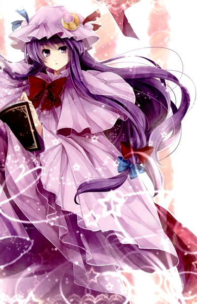 Anime picture 1973x3032 with touhou patchouli knowledge hagiwara rin single long hair tall image highres purple eyes purple hair light silhouette girl bow hair bow headdress star (symbol) book (books) bonnet moon (symbol)