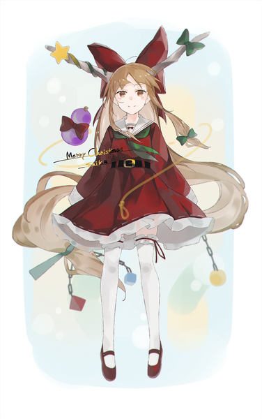 Anime picture 1466x2339 with touhou ibuki suika crazyoton46 single tall image looking at viewer short hair simple background blonde hair smile white background full body long sleeves very long hair horn (horns) orange eyes character names christmas low ponytail sailor collar