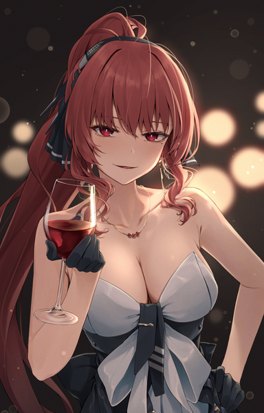 Anime picture 1296x2027 with punishing: gray raven vera (punishing: gray raven) greenkohgen single long hair tall image looking at viewer fringe breasts light erotic smile hair between eyes red eyes large breasts cleavage upper body ponytail red hair mole hand on hip